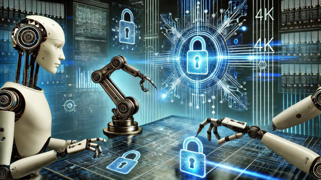 Industrial robots and holographic locks symbolize cybersecurity and automated security systems in a high-tech lab environment.