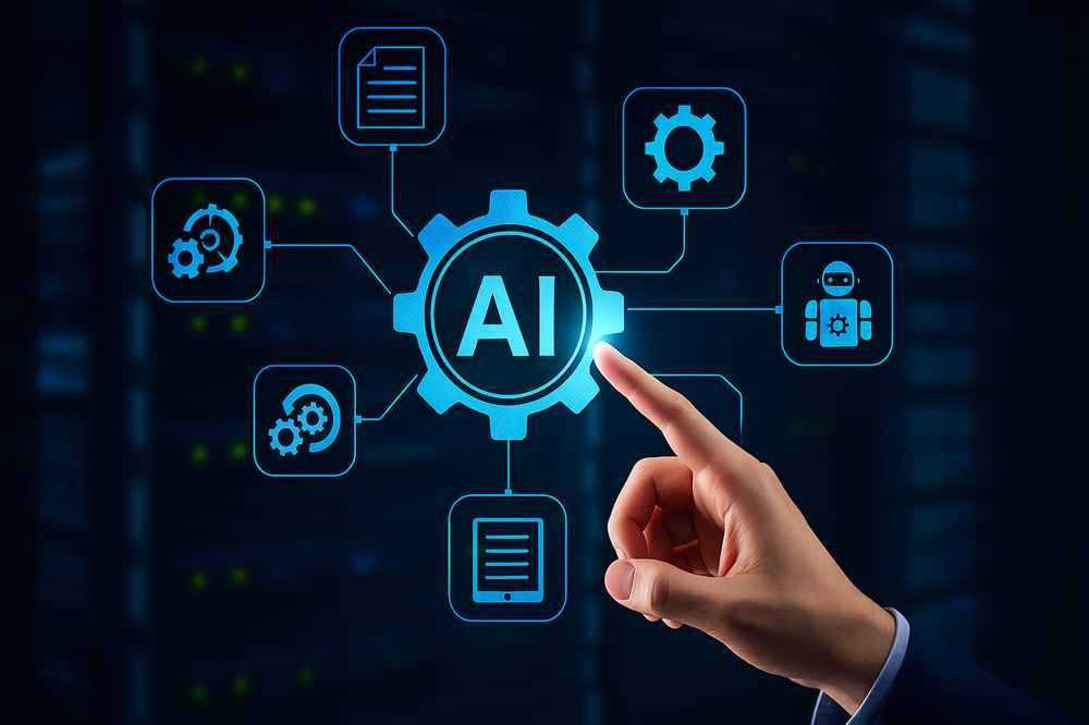Finger points to a glowing AI gear at the center of a network of icons (documents, gears, robot, settings).