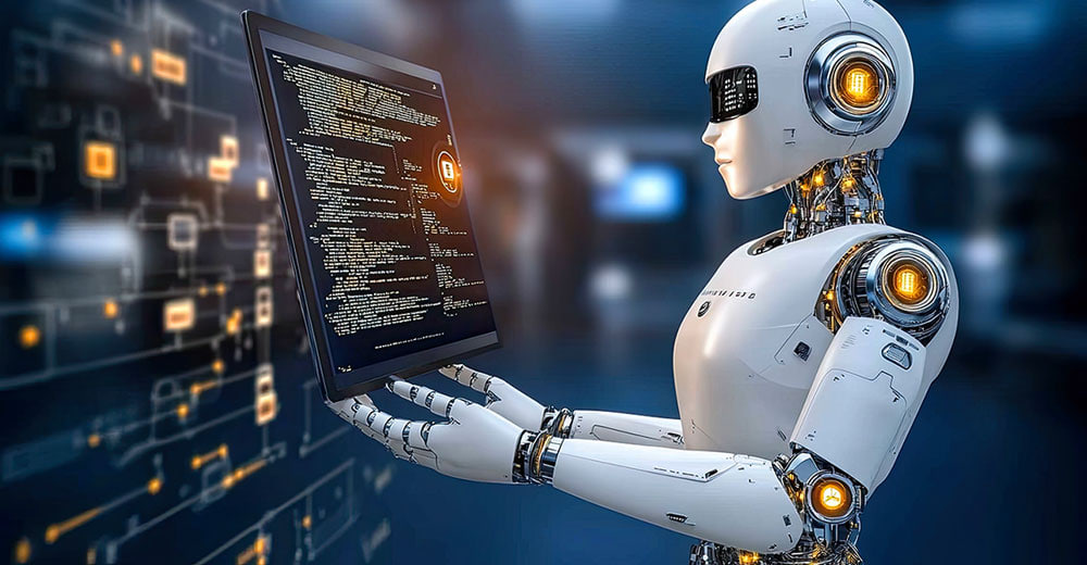 Robot with a white exoskeleton holding a monitor displaying lines of code in a futuristic data center setting.