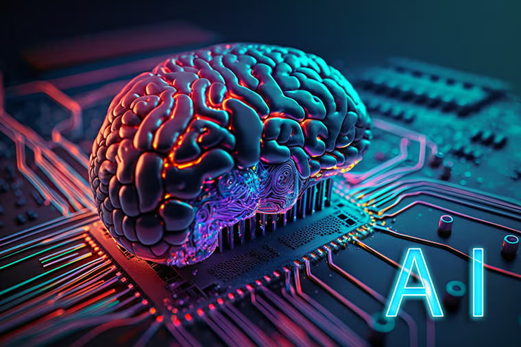 Colorful brain model resting on a microchip, with neon AI lighting to symbolize artificial intelligence.